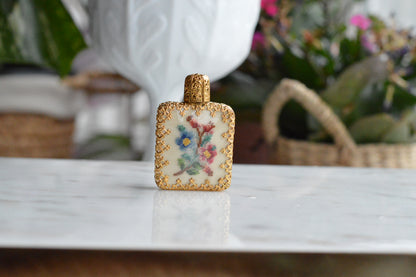 Vintage VIENNESE HANDCRAFT Petit Point Perfume Bottle, Hand-Stitched Floral Cream White Silk Tapestry, Austrian Brass Filigree Miniature