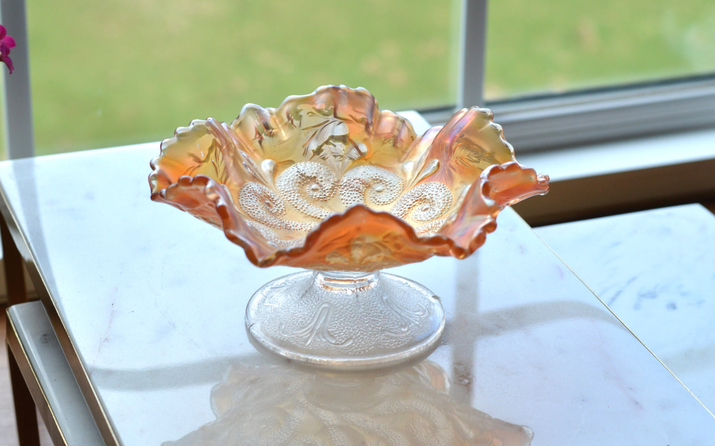 Antique Dugan Marigold Carnival Glass Bowl – "Question Marks" Pattern, Ruffled Edge Footed Dish, Early 1900s Art Glass.
