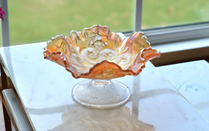 Antique Dugan Marigold Carnival Glass Bowl – "Question Marks" Pattern, Ruffled Edge Footed Dish, Early 1900s Art Glass.