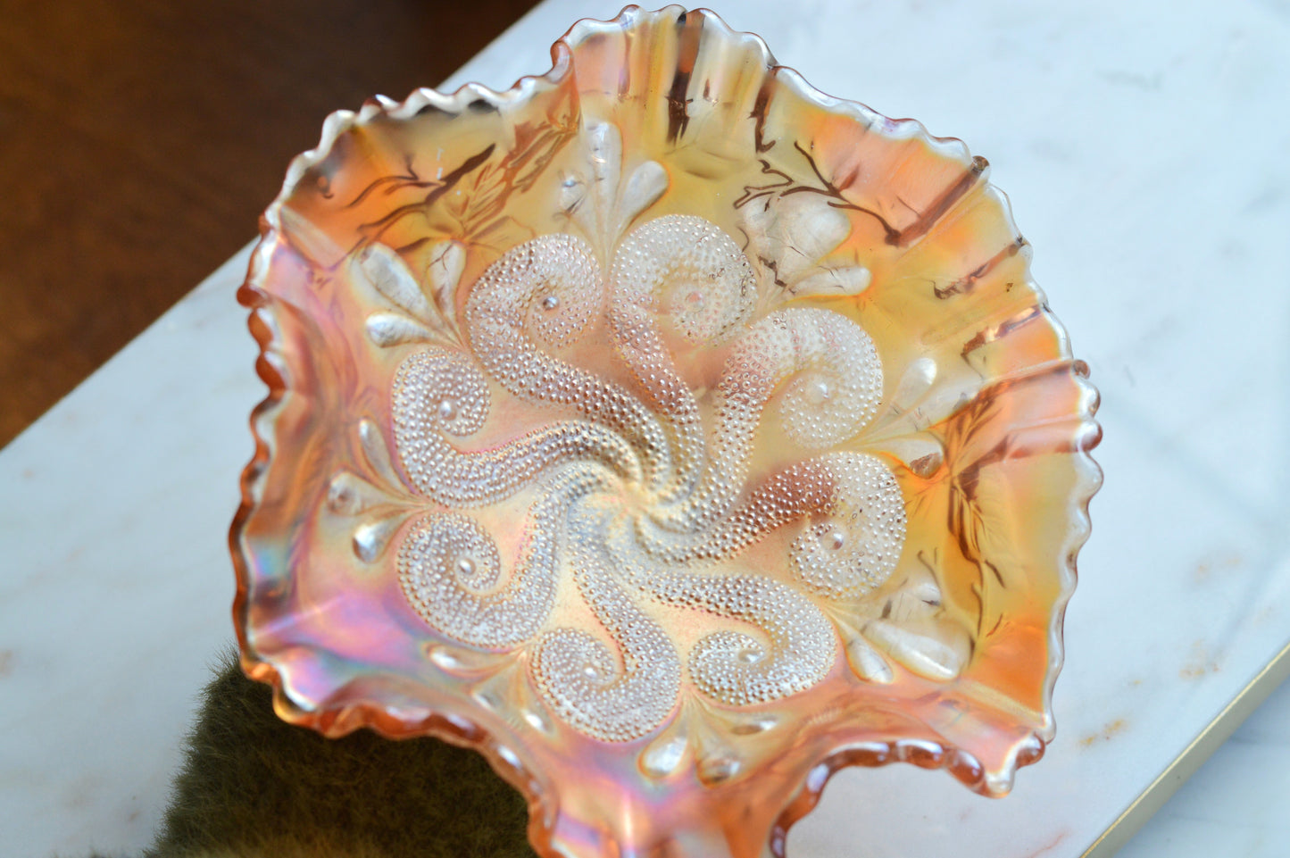 Antique Dugan Marigold Carnival Glass Bowl – "Question Marks" Pattern, Ruffled Edge Footed Dish, Early 1900s Art Glass.