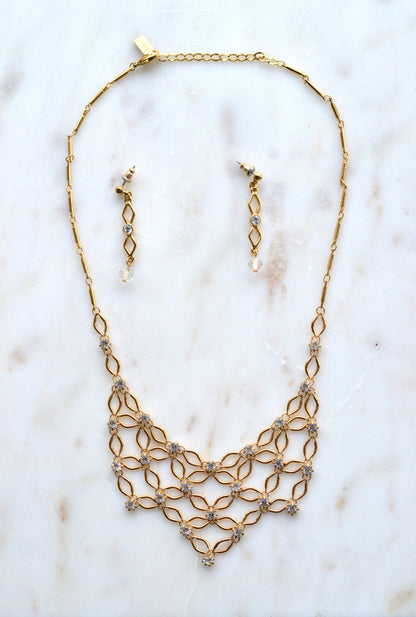 1928 Jewelry Gold Tone Rhinestone Necklace & Earring Set • Vintage Victorian Revival Oval Link Design • Clear Crystal Costume Jewelry Set