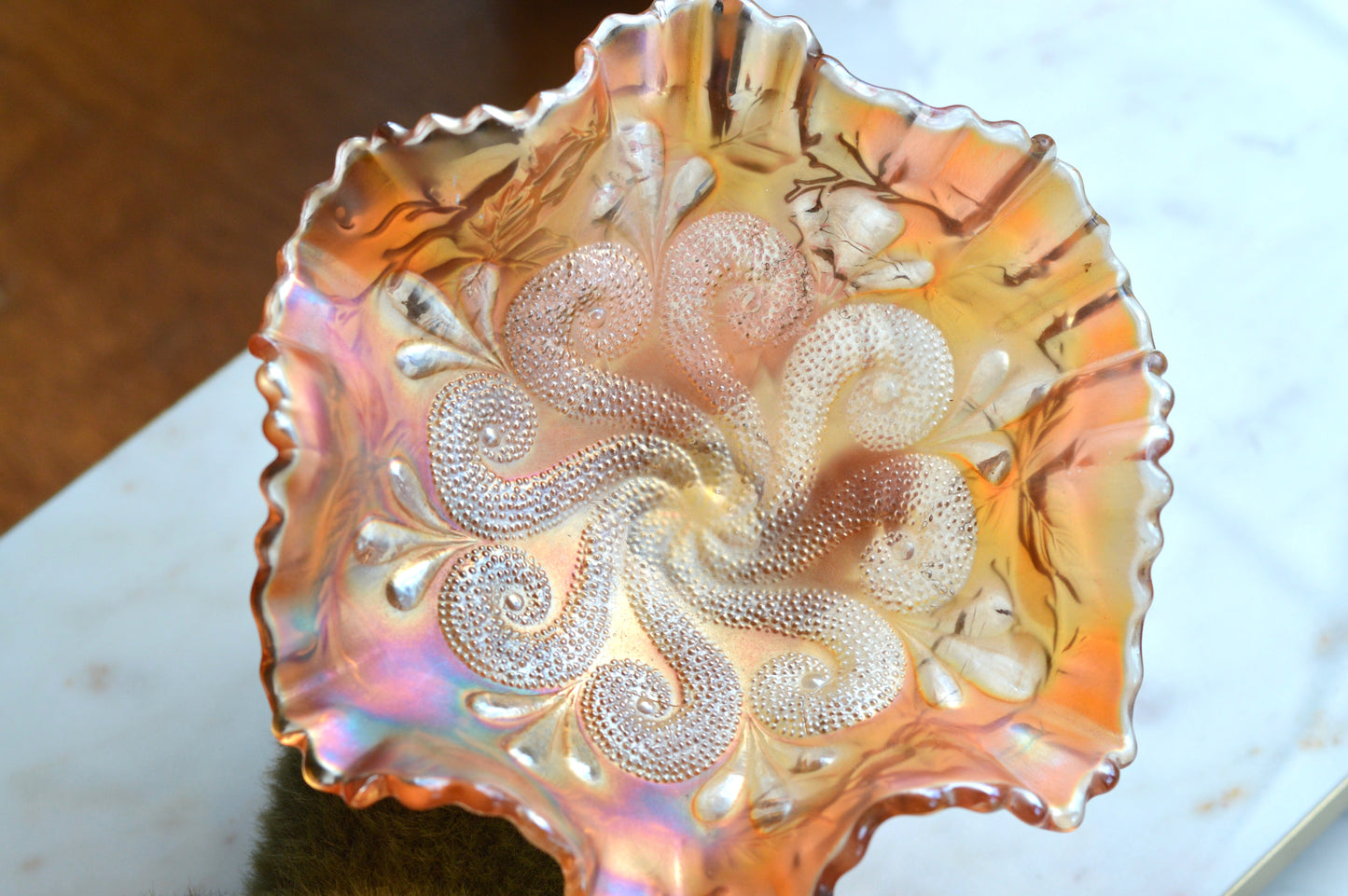 Antique Dugan Marigold Carnival Glass Bowl – "Question Marks" Pattern, Ruffled Edge Footed Dish, Early 1900s Art Glass.