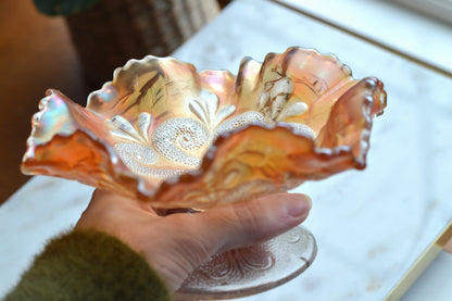 Antique Dugan Marigold Carnival Glass Bowl – "Question Marks" Pattern, Ruffled Edge Footed Dish, Early 1900s Art Glass.
