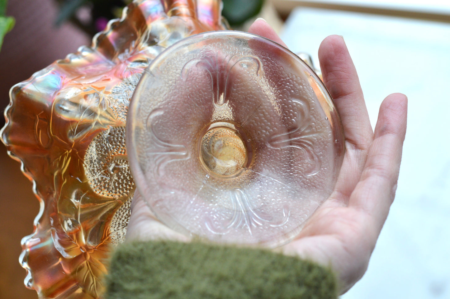 Antique Dugan Marigold Carnival Glass Bowl – "Question Marks" Pattern, Ruffled Edge Footed Dish, Early 1900s Art Glass.