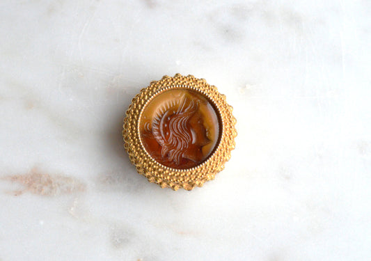 Rare Signed FLORENZA Victorian Revival Pill Box, Gold Tone Filigree Trinket Box with Amber Glass Intaglio Cameo, Mid-Century Designer Vanity Accessory