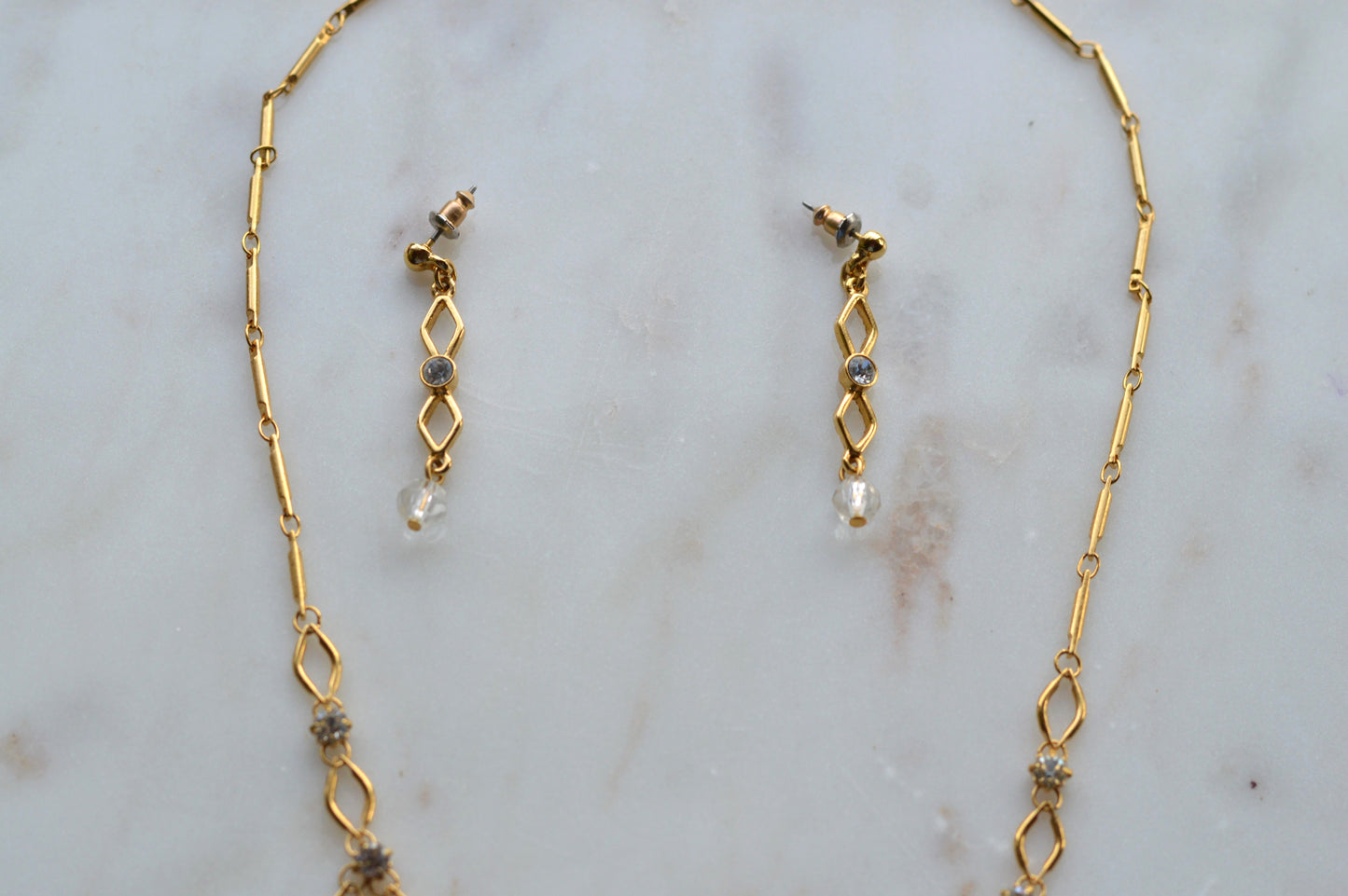 1928 Jewelry Gold Tone Rhinestone Necklace & Earring Set • Vintage Victorian Revival Oval Link Design • Clear Crystal Costume Jewelry Set