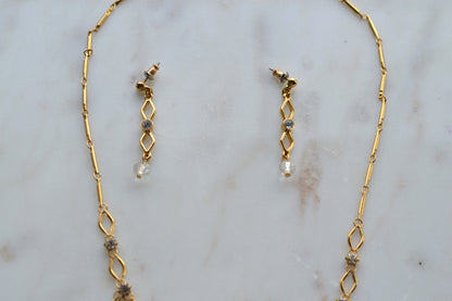 1928 Jewelry Gold Tone Rhinestone Necklace & Earring Set • Vintage Victorian Revival Oval Link Design • Clear Crystal Costume Jewelry Set