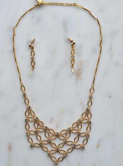1928 Jewelry Gold Tone Rhinestone Necklace & Earring Set • Vintage Victorian Revival Oval Link Design • Clear Crystal Costume Jewelry Set