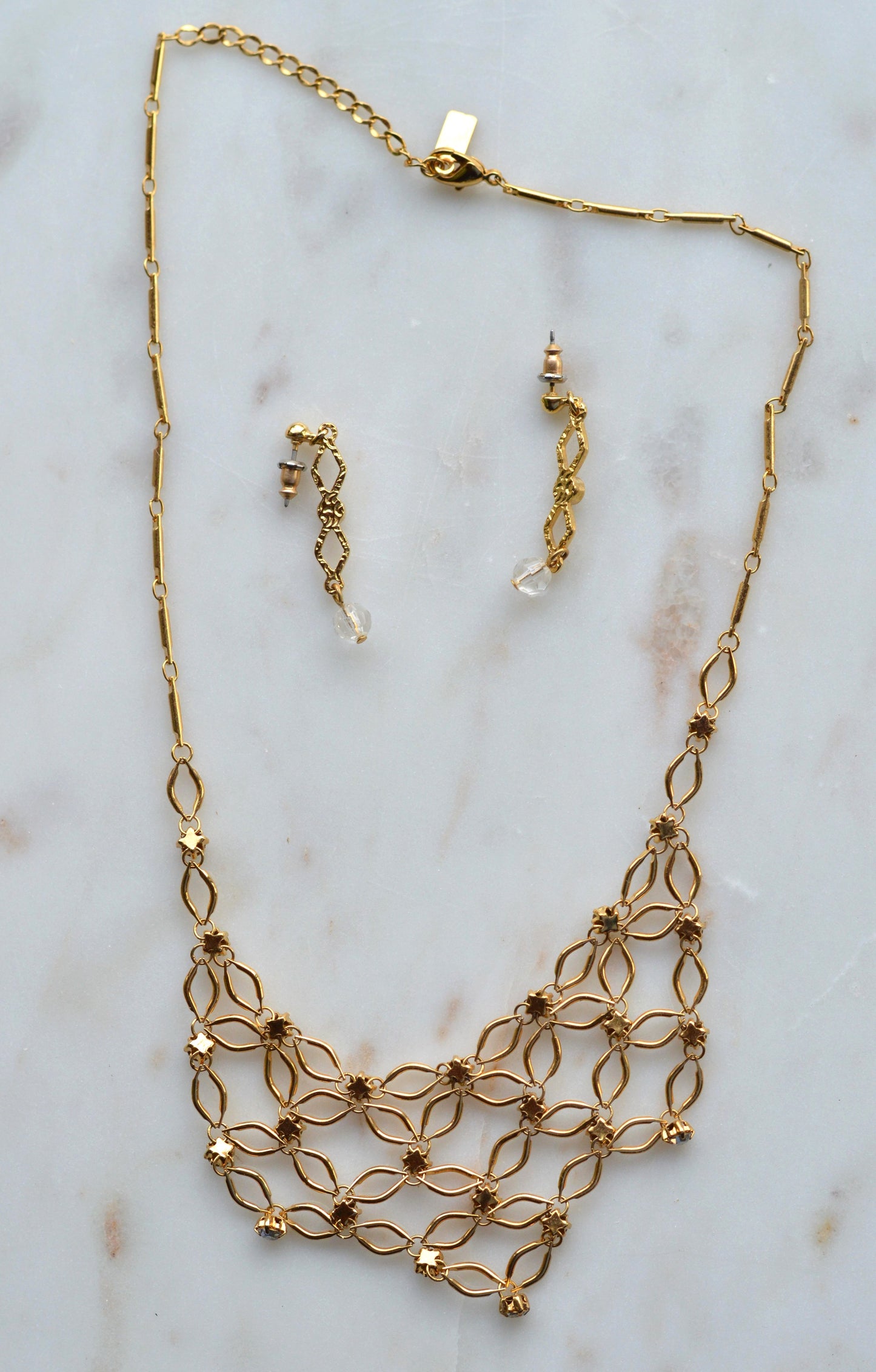 1928 Jewelry Gold Tone Rhinestone Necklace & Earring Set • Vintage Victorian Revival Oval Link Design • Clear Crystal Costume Jewelry Set