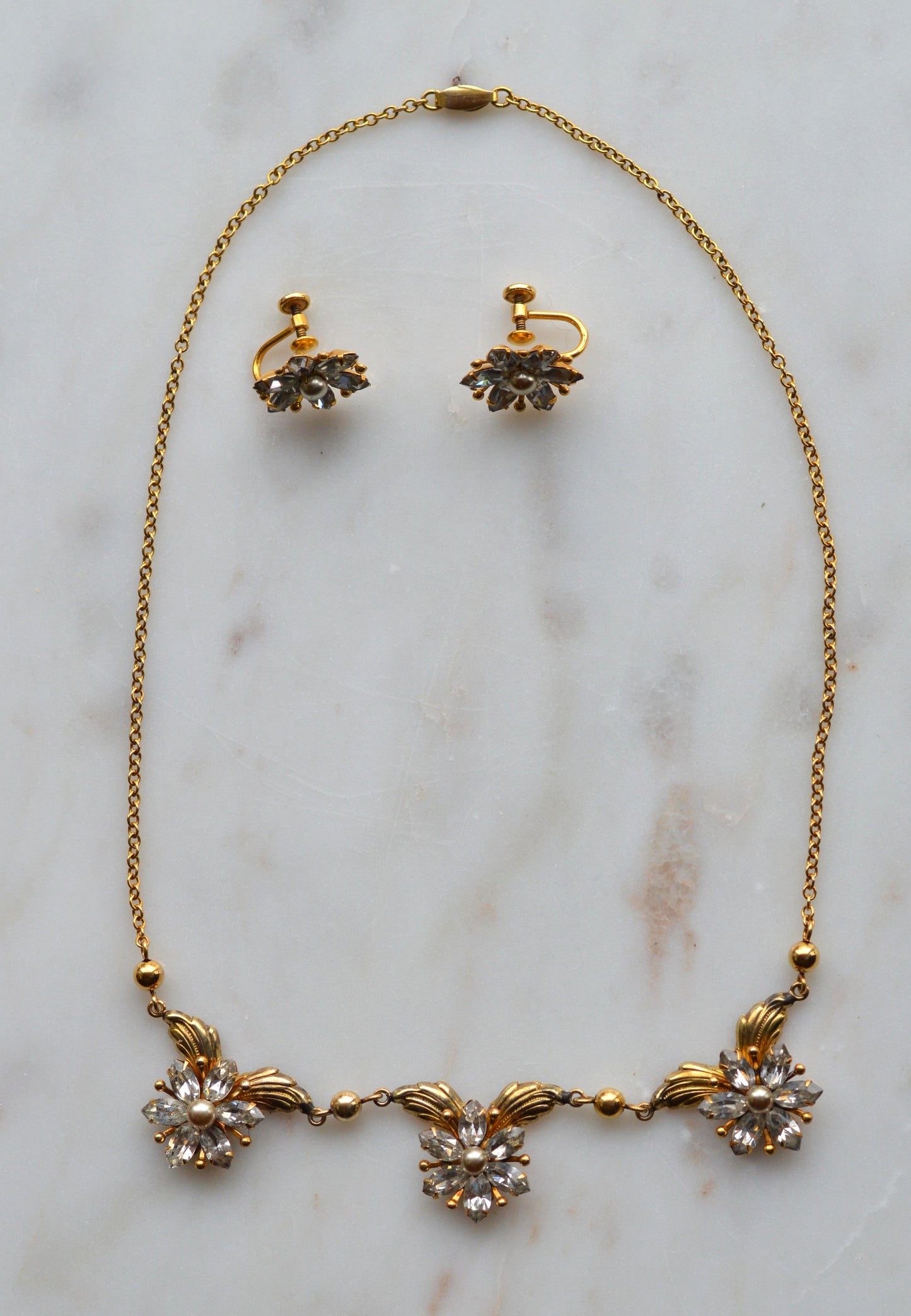 Vintage AMCO 10K Gold‑Filled Jewelry Set • Floral Rhinestone Necklace & Clip‑On Earrings • Sparkling Flower Set • 1960s–1970s GF Jewelry