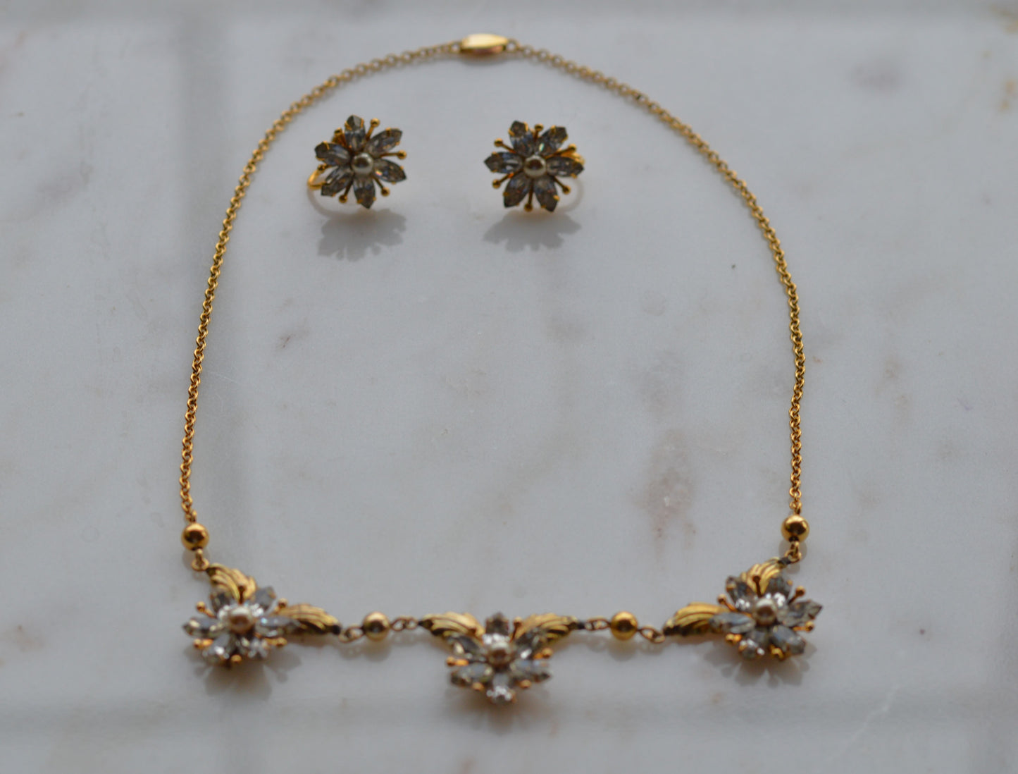 Vintage AMCO 10K Gold‑Filled Jewelry Set • Floral Rhinestone Necklace & Clip‑On Earrings • Sparkling Flower Set • 1960s–1970s GF Jewelry