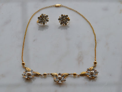 Vintage AMCO 10K Gold‑Filled Jewelry Set • Floral Rhinestone Necklace & Clip‑On Earrings • Sparkling Flower Set • 1960s–1970s GF Jewelry