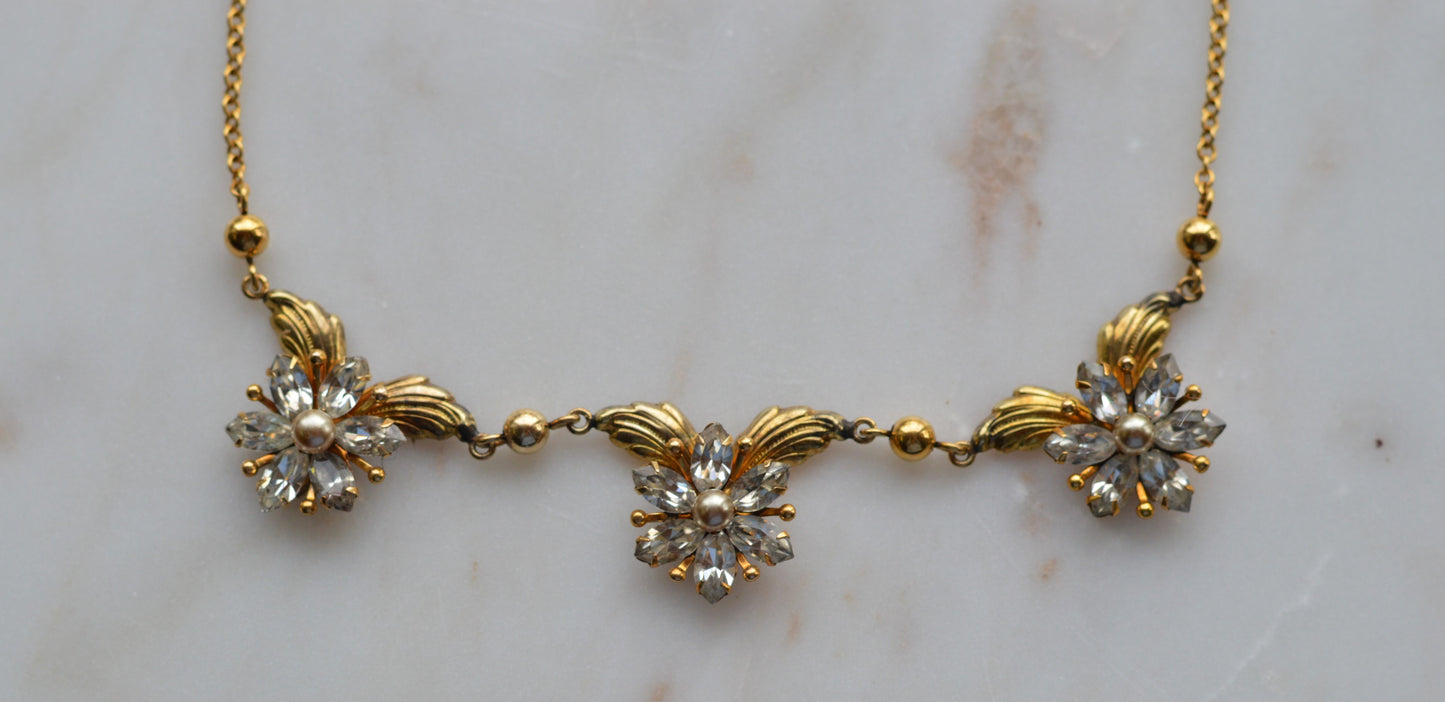 Vintage AMCO 10K Gold‑Filled Jewelry Set • Floral Rhinestone Necklace & Clip‑On Earrings • Sparkling Flower Set • 1960s–1970s GF Jewelry