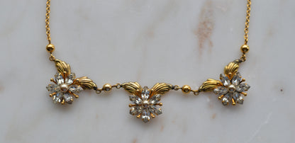 Vintage AMCO 10K Gold‑Filled Jewelry Set • Floral Rhinestone Necklace & Clip‑On Earrings • Sparkling Flower Set • 1960s–1970s GF Jewelry