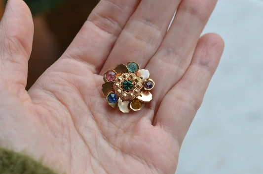 Vintage Gold Tone Floral Rhinestone Brooch - Small Multi Color Scattered Gems Pin - Mid Century Costume Jewelry Gift - Mothers Family Pin