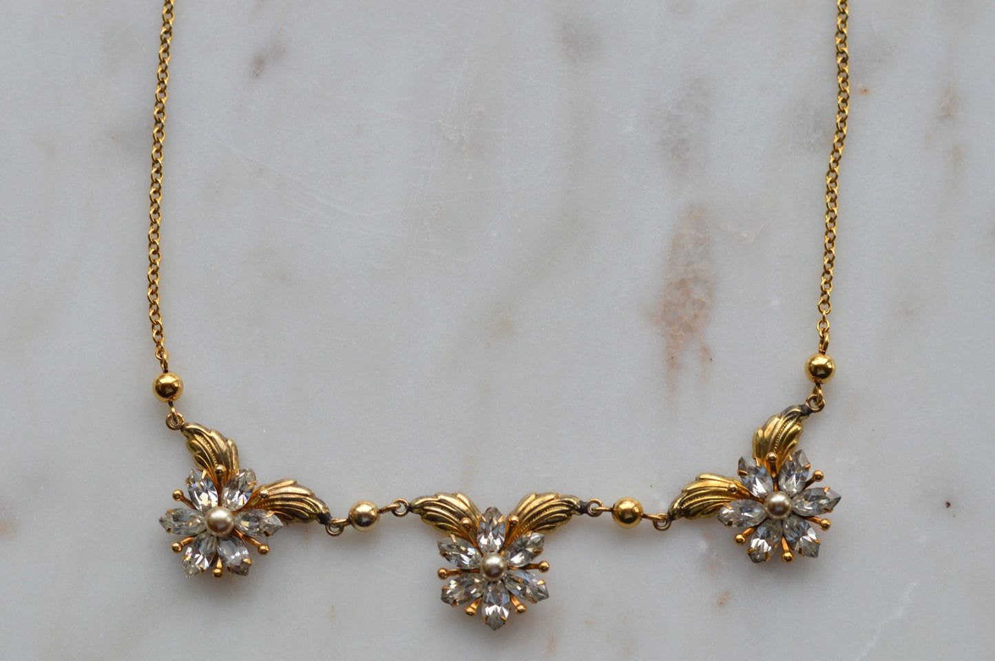 Vintage AMCO 10K Gold‑Filled Jewelry Set • Floral Rhinestone Necklace & Clip‑On Earrings • Sparkling Flower Set • 1960s–1970s GF Jewelry