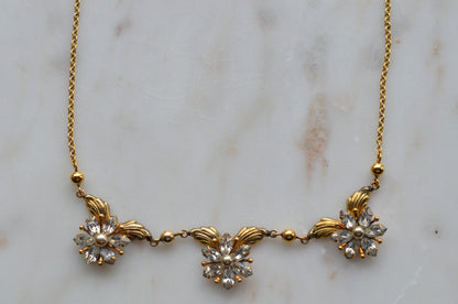 Vintage AMCO 10K Gold‑Filled Jewelry Set • Floral Rhinestone Necklace & Clip‑On Earrings • Sparkling Flower Set • 1960s–1970s GF Jewelry