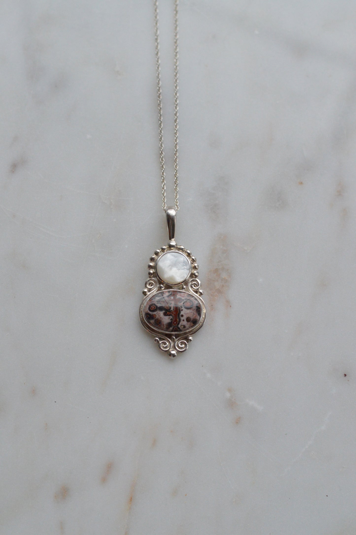 Vintage Sajen Sterling Silver Pendant Necklace, Leopard Skin Jasper & Mother of Pearl, Balinese Artisan Jewelry, Signed Sajen 925