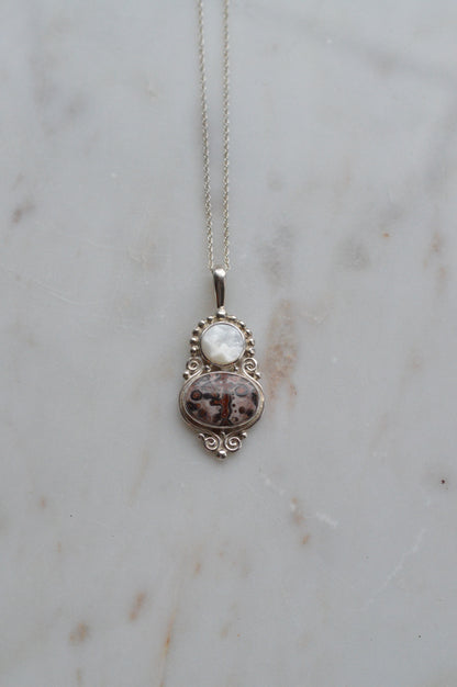 Vintage Sajen Sterling Silver Pendant Necklace, Leopard Skin Jasper & Mother of Pearl, Balinese Artisan Jewelry, Signed Sajen 925