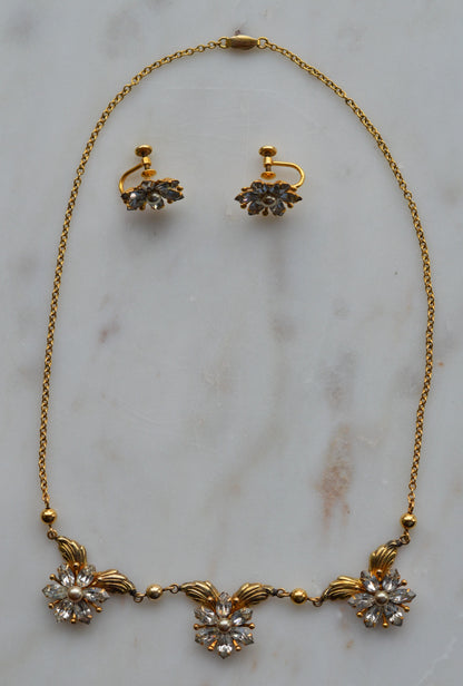 Vintage AMCO 10K Gold‑Filled Jewelry Set • Floral Rhinestone Necklace & Clip‑On Earrings • Sparkling Flower Set • 1960s–1970s GF Jewelry