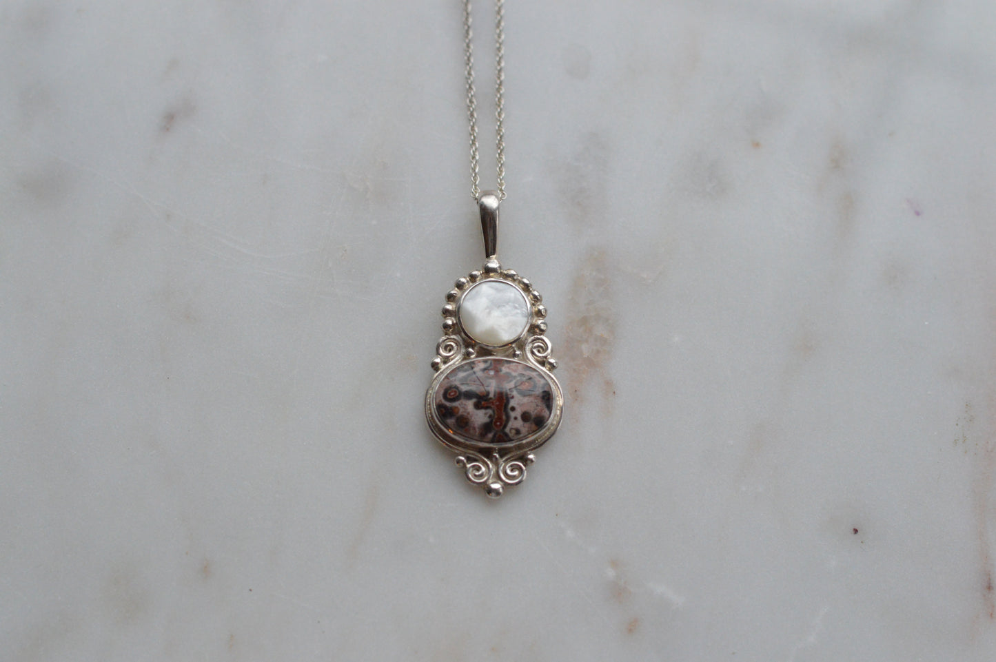 Vintage Sajen Sterling Silver Pendant Necklace, Leopard Skin Jasper & Mother of Pearl, Balinese Artisan Jewelry, Signed Sajen 925
