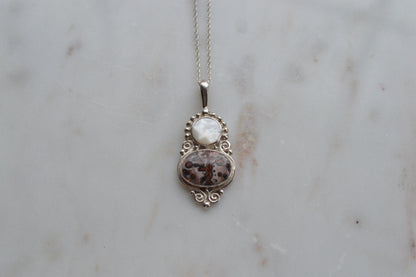 Vintage Sajen Sterling Silver Pendant Necklace, Leopard Skin Jasper & Mother of Pearl, Balinese Artisan Jewelry, Signed Sajen 925