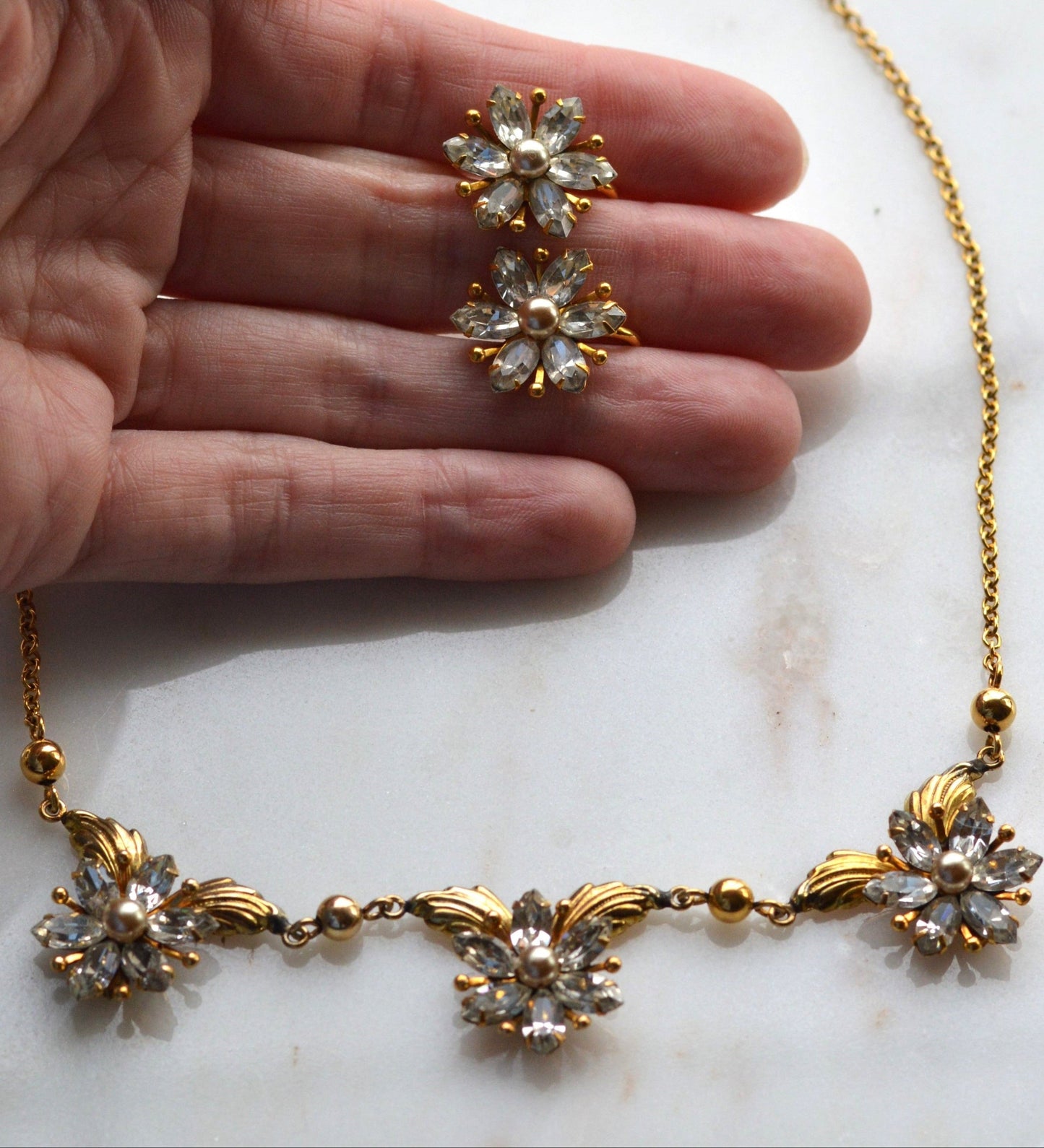 Vintage AMCO 10K Gold‑Filled Jewelry Set • Floral Rhinestone Necklace & Clip‑On Earrings • Sparkling Flower Set • 1960s–1970s GF Jewelry