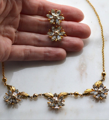 Vintage AMCO 10K Gold‑Filled Jewelry Set • Floral Rhinestone Necklace & Clip‑On Earrings • Sparkling Flower Set • 1960s–1970s GF Jewelry