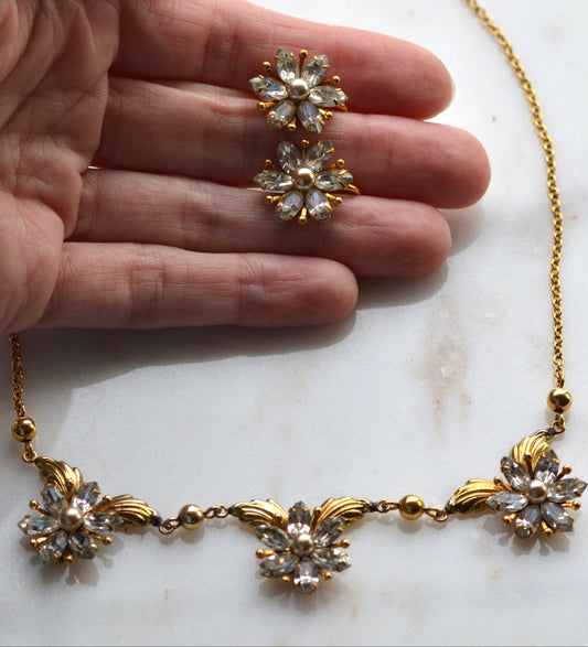 Vintage AMCO 10K Gold‑Filled Jewelry Set • Floral Rhinestone Necklace & Clip‑On Earrings • Sparkling Flower Set • 1960s–1970s GF Jewelry