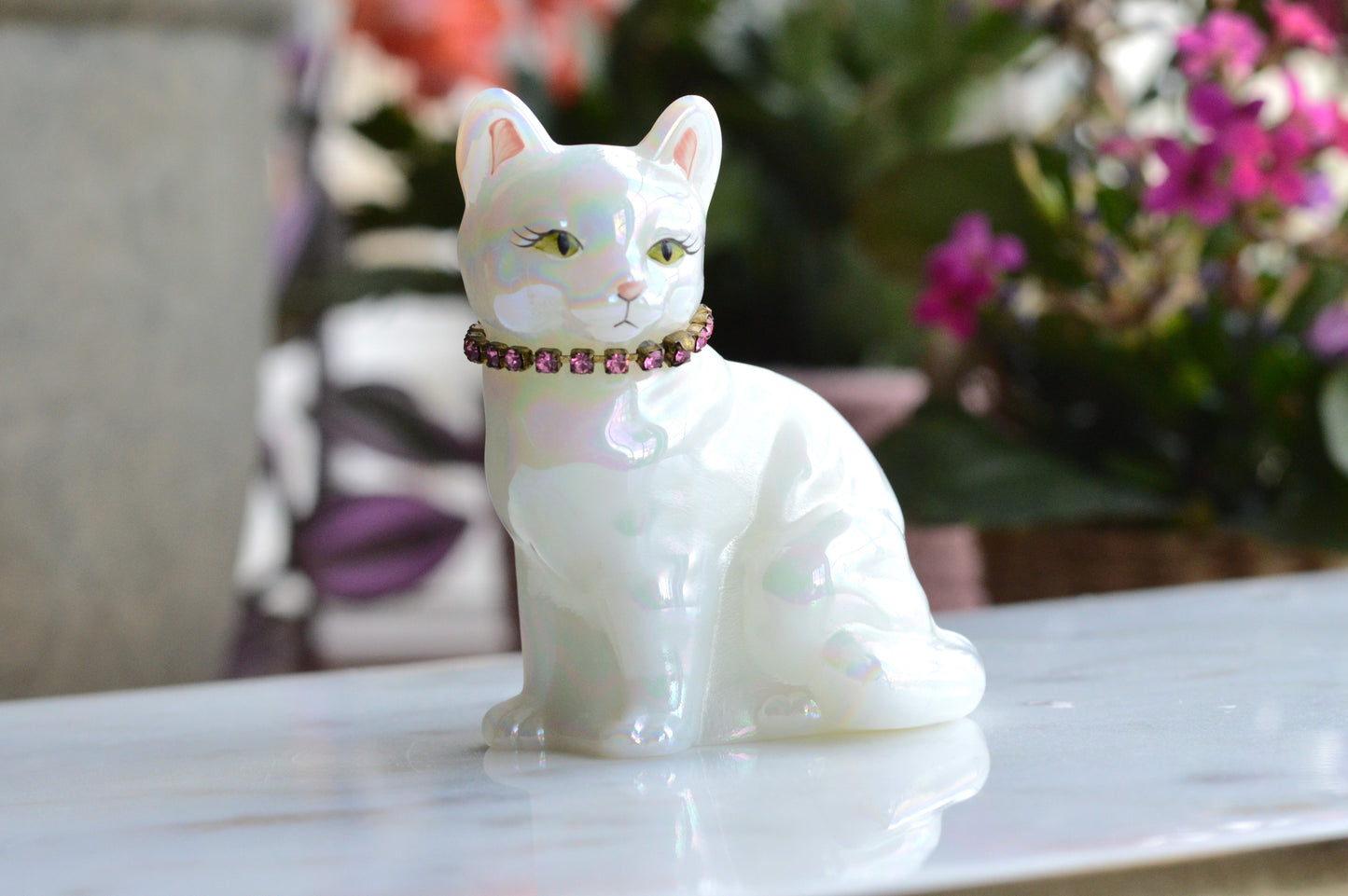 Signed Fenton Iridescent White Opal Satin Cat - Hand Painted by Terry Watson - Artist Signed Fenton Glass Kitty - Pink Rhinestone Collar - Vintage Art Glass