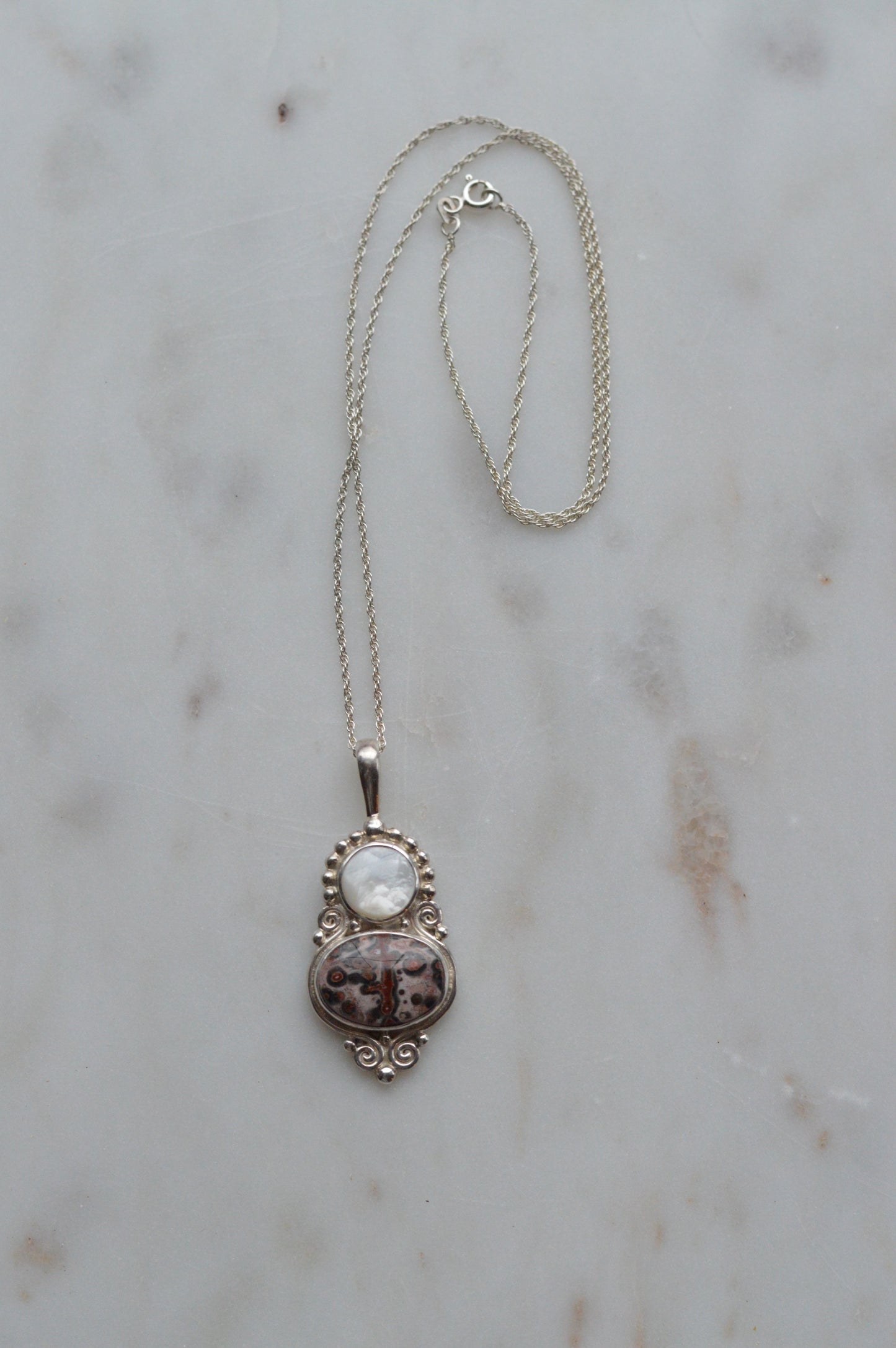 Vintage Sajen Sterling Silver Pendant Necklace, Leopard Skin Jasper & Mother of Pearl, Balinese Artisan Jewelry, Signed Sajen 925