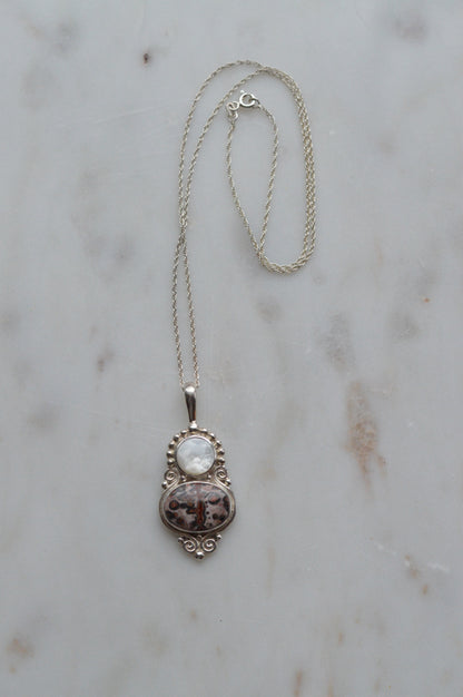 Vintage Sajen Sterling Silver Pendant Necklace, Leopard Skin Jasper & Mother of Pearl, Balinese Artisan Jewelry, Signed Sajen 925