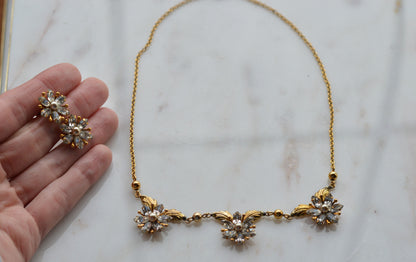 Vintage AMCO 10K Gold‑Filled Jewelry Set • Floral Rhinestone Necklace & Clip‑On Earrings • Sparkling Flower Set • 1960s–1970s GF Jewelry