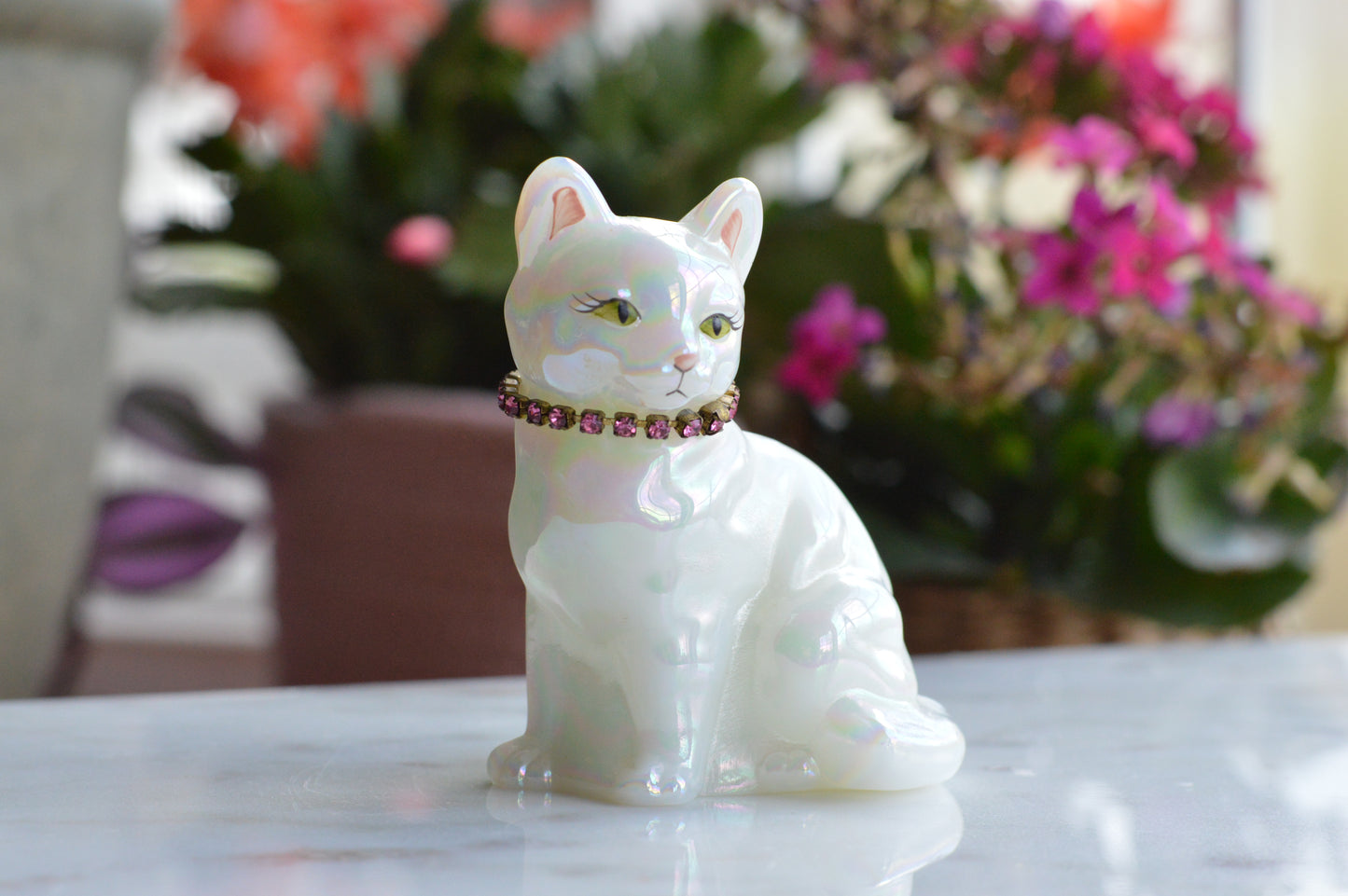 Signed Fenton Iridescent White Opal Satin Cat - Hand Painted by Terry Watson - Artist Signed Fenton Glass Kitty - Pink Rhinestone Collar - Vintage Art Glass