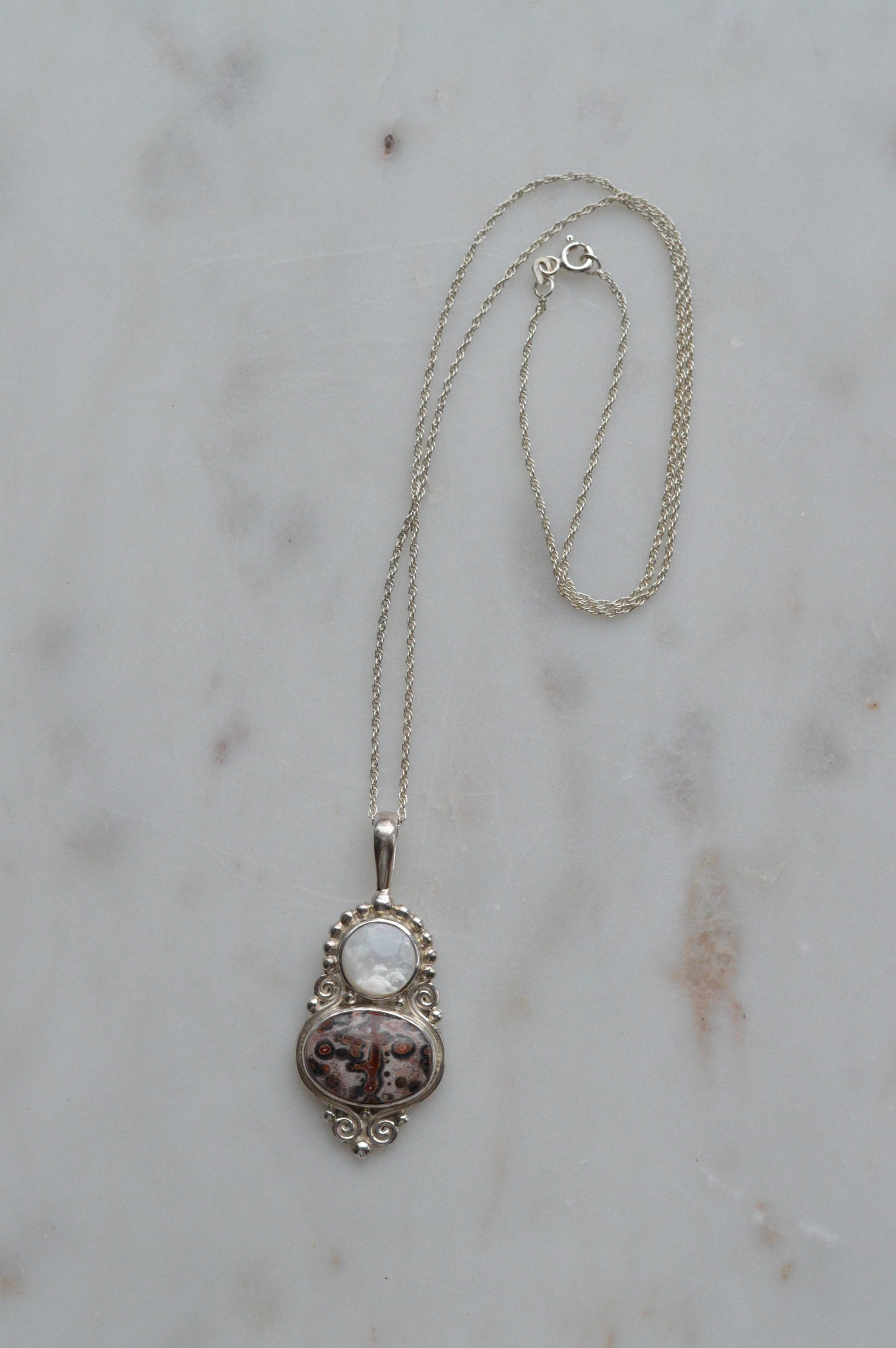 Vintage Sajen Sterling Silver Pendant Necklace, Leopard Skin Jasper & Mother of Pearl, Balinese Artisan Jewelry, Signed Sajen 925