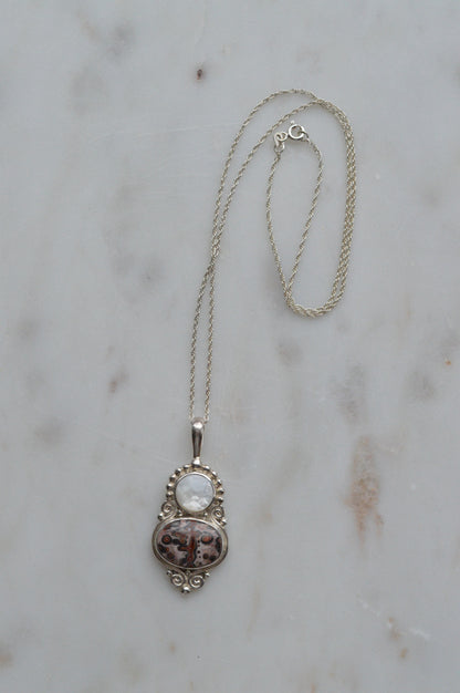 Vintage Sajen Sterling Silver Pendant Necklace, Leopard Skin Jasper & Mother of Pearl, Balinese Artisan Jewelry, Signed Sajen 925