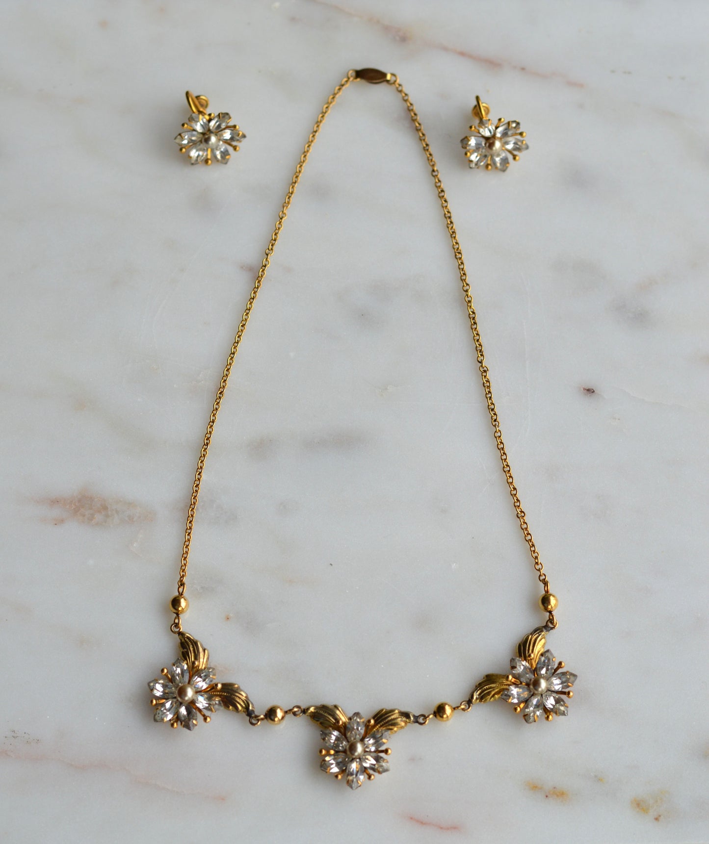 Vintage AMCO 10K Gold‑Filled Jewelry Set • Floral Rhinestone Necklace & Clip‑On Earrings • Sparkling Flower Set • 1960s–1970s GF Jewelry