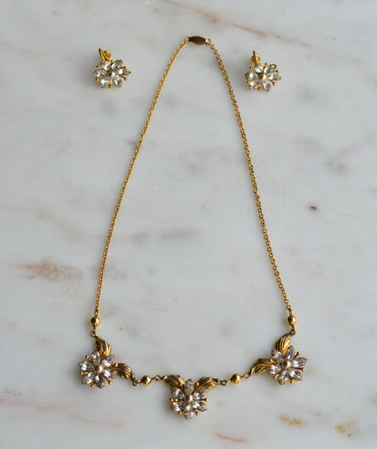 Vintage AMCO 10K Gold‑Filled Jewelry Set • Floral Rhinestone Necklace & Clip‑On Earrings • Sparkling Flower Set • 1960s–1970s GF Jewelry