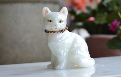 Signed Fenton Iridescent White Opal Satin Cat - Hand Painted by Terry Watson - Artist Signed Fenton Glass Kitty - Pink Rhinestone Collar - Vintage Art Glass