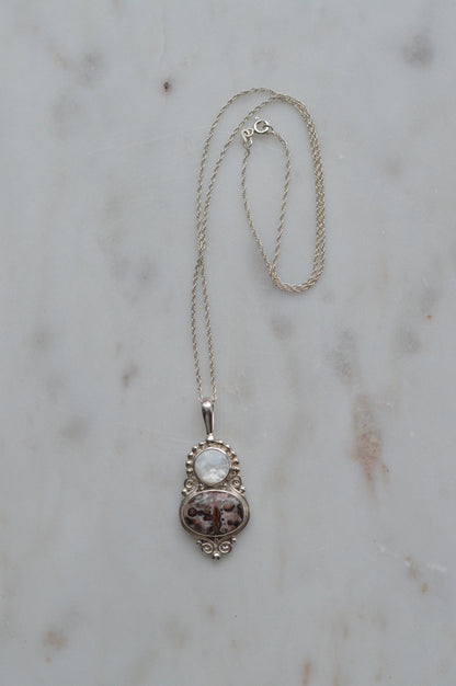 Vintage Sajen Sterling Silver Pendant Necklace, Leopard Skin Jasper & Mother of Pearl, Balinese Artisan Jewelry, Signed Sajen 925