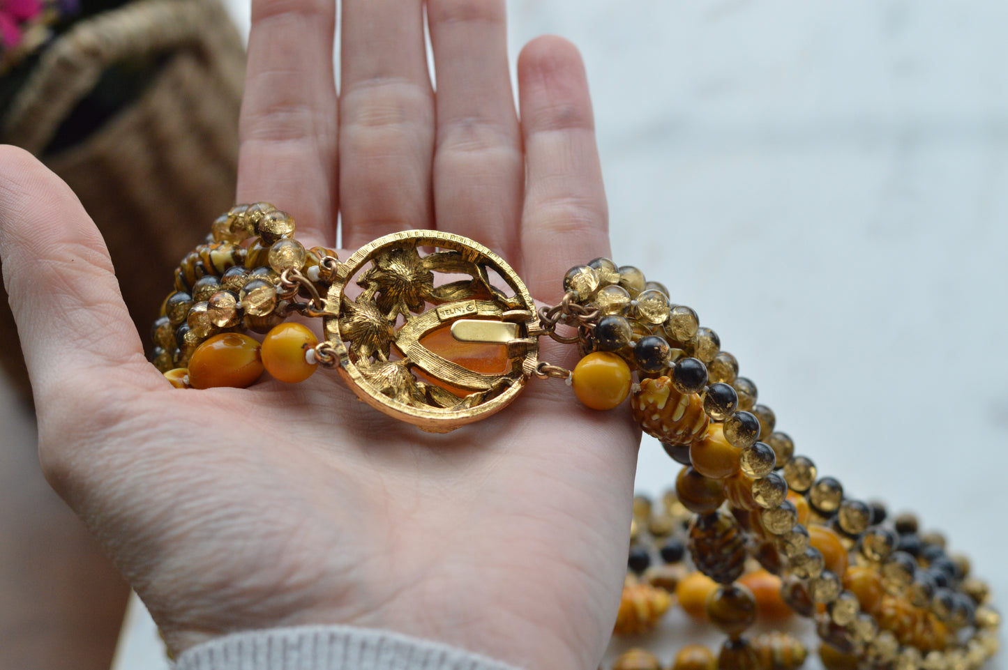 Signed Selini Vintage 6-Strand Statement Necklace - Mid Century Chunky Beaded Jewelry - Butterscotch & Amber Tones