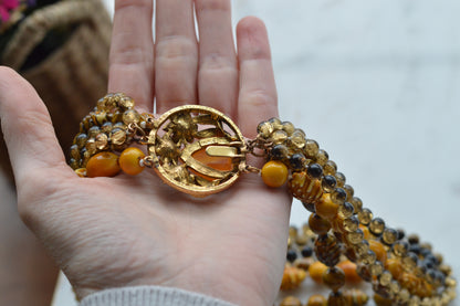 Signed Selini Vintage 6-Strand Statement Necklace - Mid Century Chunky Beaded Jewelry - Butterscotch & Amber Tones