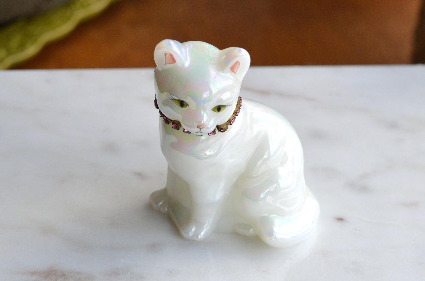 Signed Fenton Iridescent White Opal Satin Cat - Hand Painted by Terry Watson - Artist Signed Fenton Glass Kitty - Pink Rhinestone Collar - Vintage Art Glass