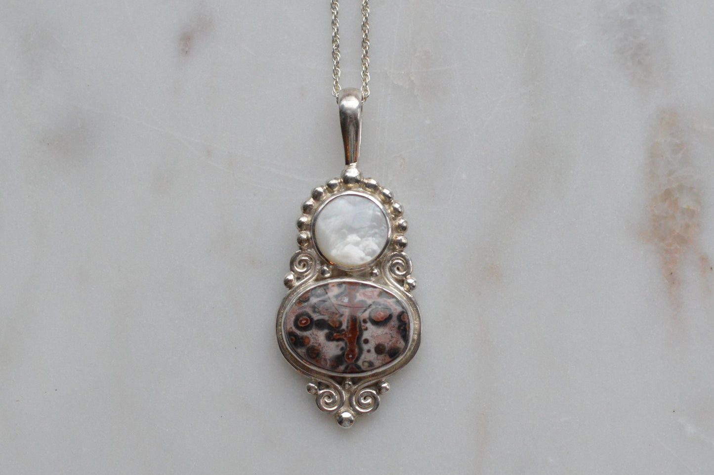 Vintage Sajen Sterling Silver Pendant Necklace, Leopard Skin Jasper & Mother of Pearl, Balinese Artisan Jewelry, Signed Sajen 925