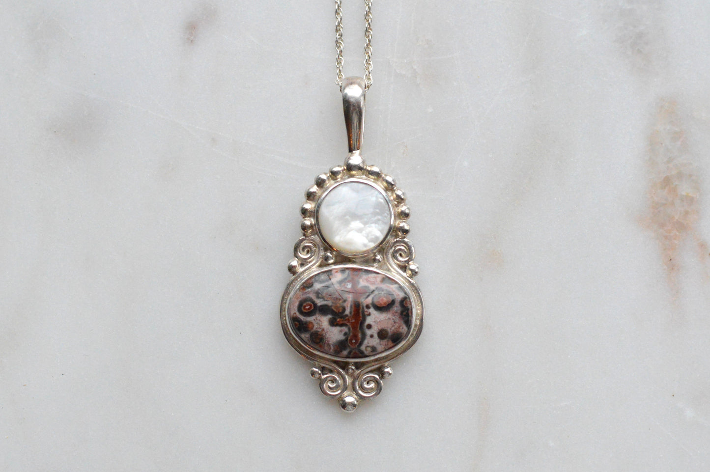 Vintage Sajen Sterling Silver Pendant Necklace, Leopard Skin Jasper & Mother of Pearl, Balinese Artisan Jewelry, Signed Sajen 925