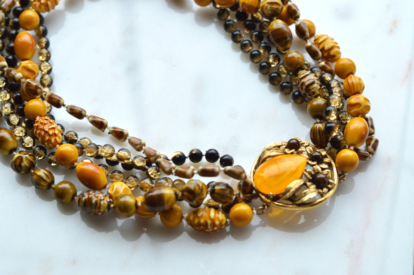 Signed Selini Vintage 6-Strand Statement Necklace - Mid Century Chunky Beaded Jewelry - Butterscotch & Amber Tones