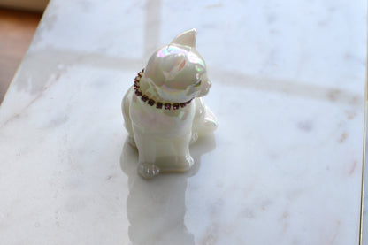 Signed Fenton Iridescent White Opal Satin Cat - Hand Painted by Terry Watson - Artist Signed Fenton Glass Kitty - Pink Rhinestone Collar - Vintage Art Glass