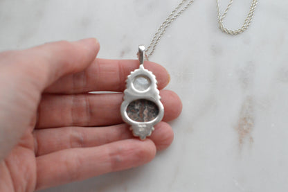 Vintage Sajen Sterling Silver Pendant Necklace, Leopard Skin Jasper & Mother of Pearl, Balinese Artisan Jewelry, Signed Sajen 925