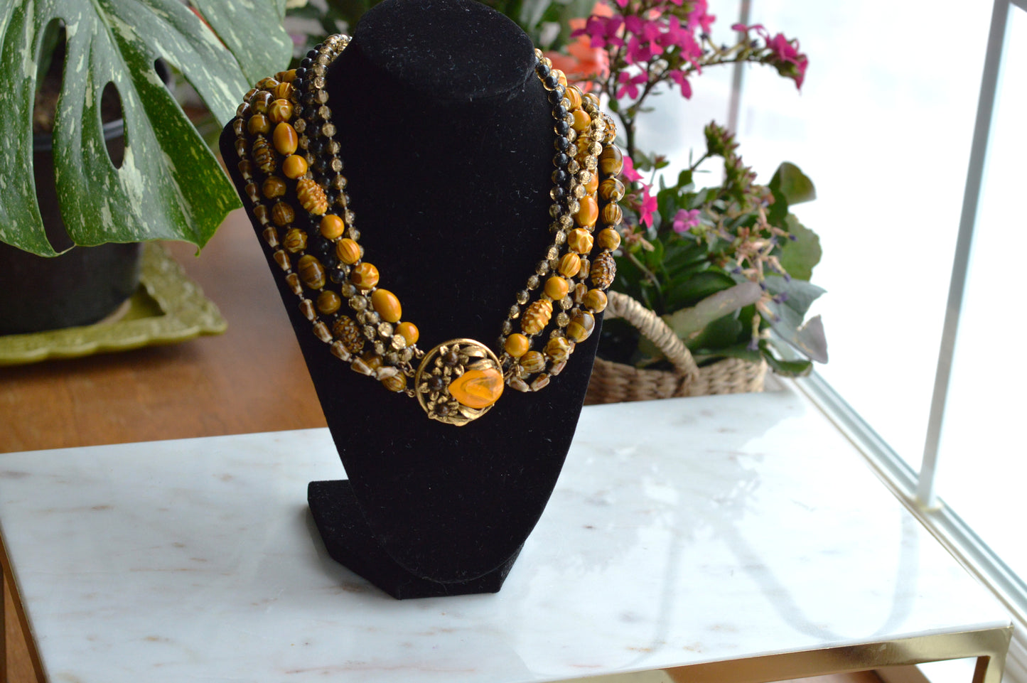 Signed Selini Vintage 6-Strand Statement Necklace - Mid Century Chunky Beaded Jewelry - Butterscotch & Amber Tones