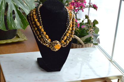 Signed Selini Vintage 6-Strand Statement Necklace - Mid Century Chunky Beaded Jewelry - Butterscotch & Amber Tones
